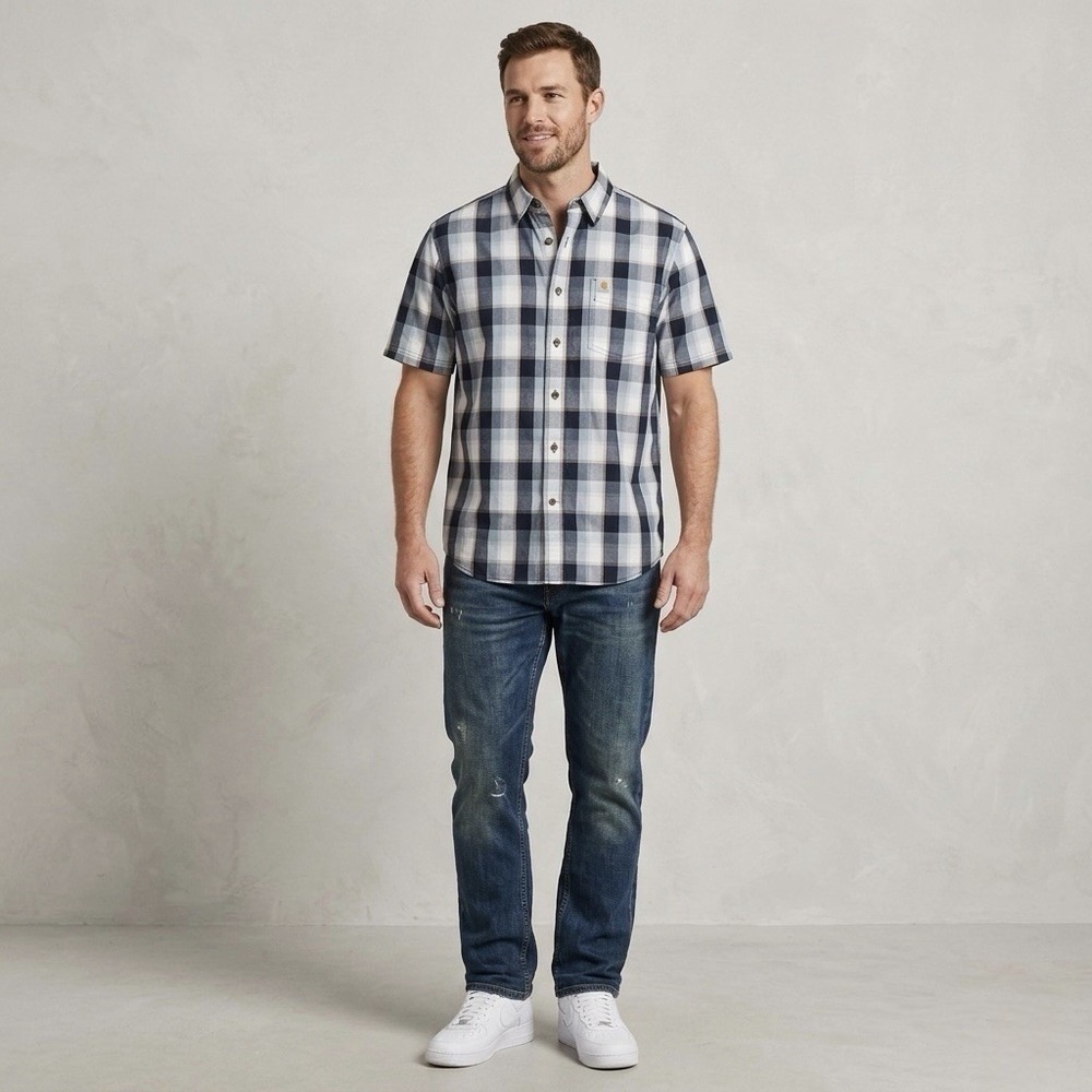 Carhartt Button Up Shirt Mens‎ Medium Blue Plaid Short Sleeve Workwear